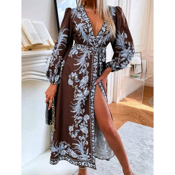 Boho Plants Print V Neck Belted Wrap Dress - Picture 8 of 9